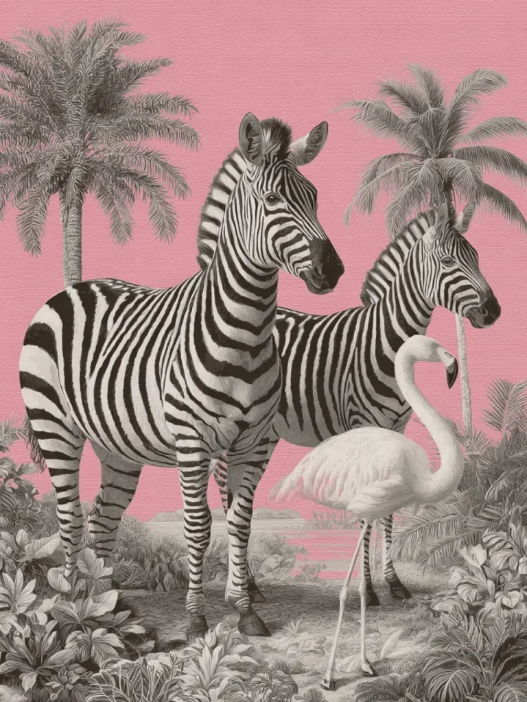 Animal Poster – Zebras and Flamingo