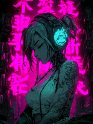 Poster For Living Room – Cyberpunk Girl Neon Flow